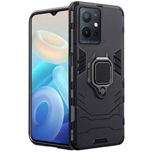 TheGiftKart Tough Armor Back Cover Case for Vivo T1 5G/Vivo Y75 5G/iQOO Z6 5G|Tough Armor Bumper|Ring Holder & Kickstand in-Built|360 Degree Protection Cover for iQOO Z6 5G/Vivo T1 5G (PC,TPU|Black)